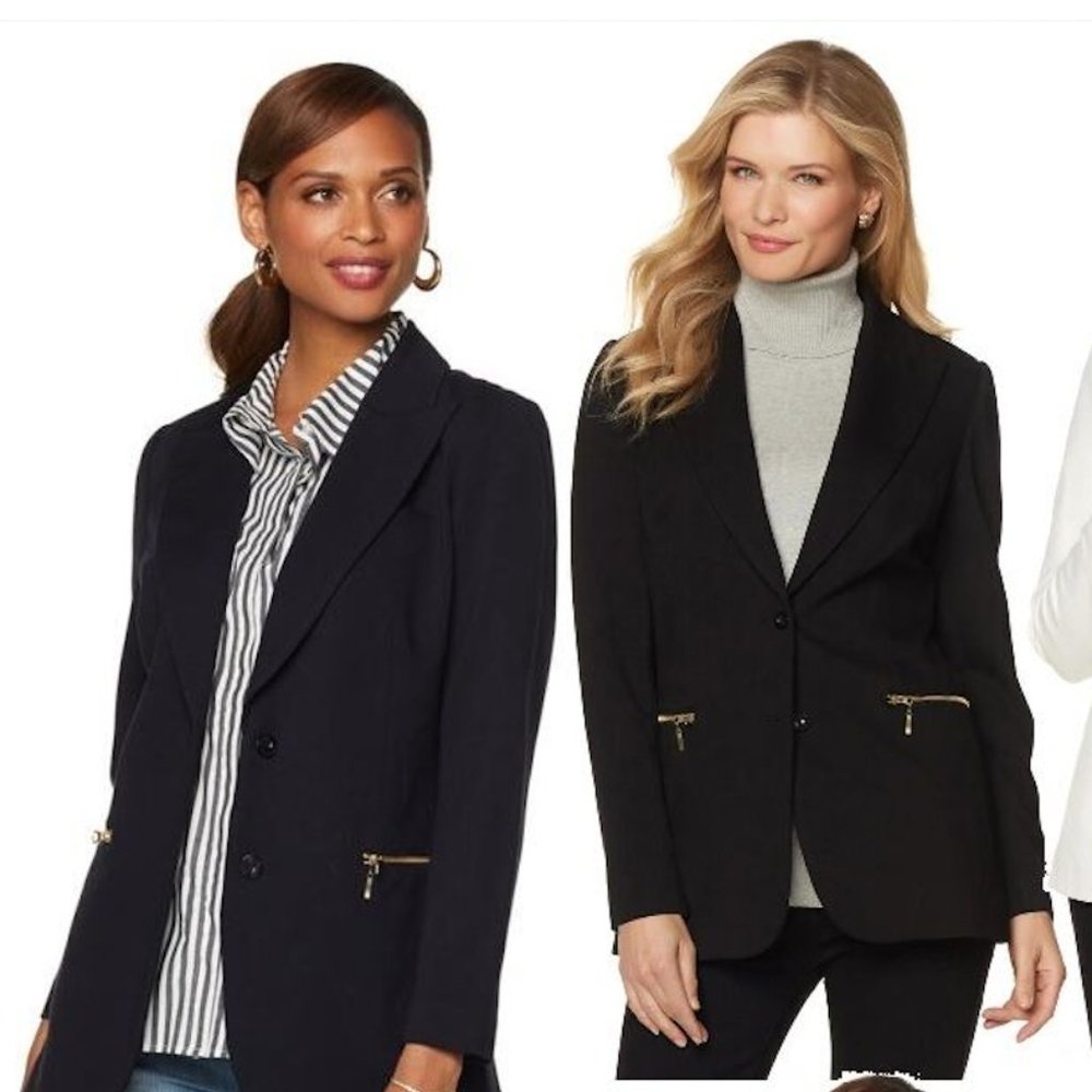 NWT DG2 Diane Gilman Ponte Boyfriend Blazer Exposed Zipper Pockets Size M-Black